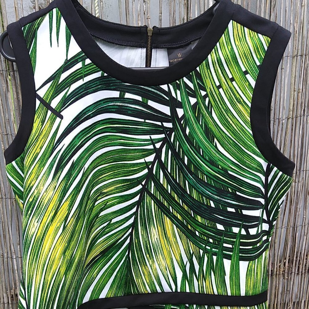 Worthington Petite Black White Green Palm Tree Tropical Sleeveless Top - PL